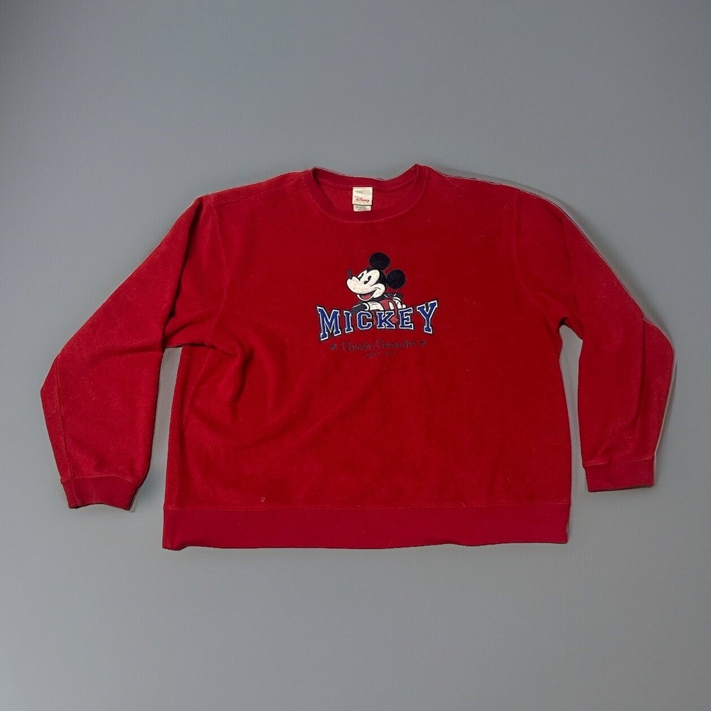 Disney Store Mickey Mouse Fleece Sweatshirt Red Embroidered Crewneck Mens XXL